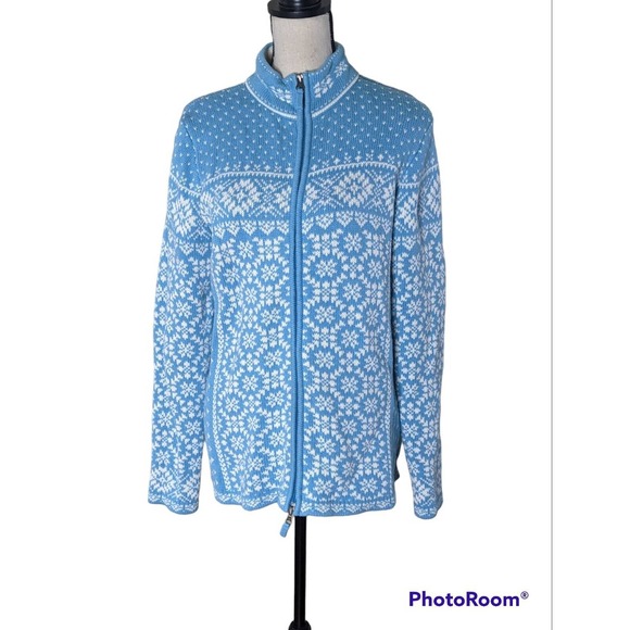 L.L Bean Snowflake Full Zip Heavyweight Cotton Sweater, Large, Blue White - Picture 1 of 5